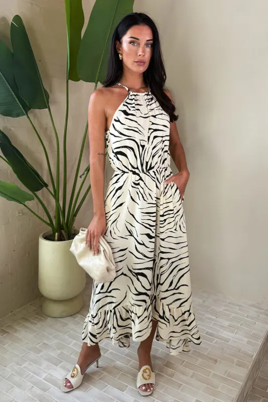 Multi Animal Print Frill Hem High Neck Midi Dress sold by AX Paris