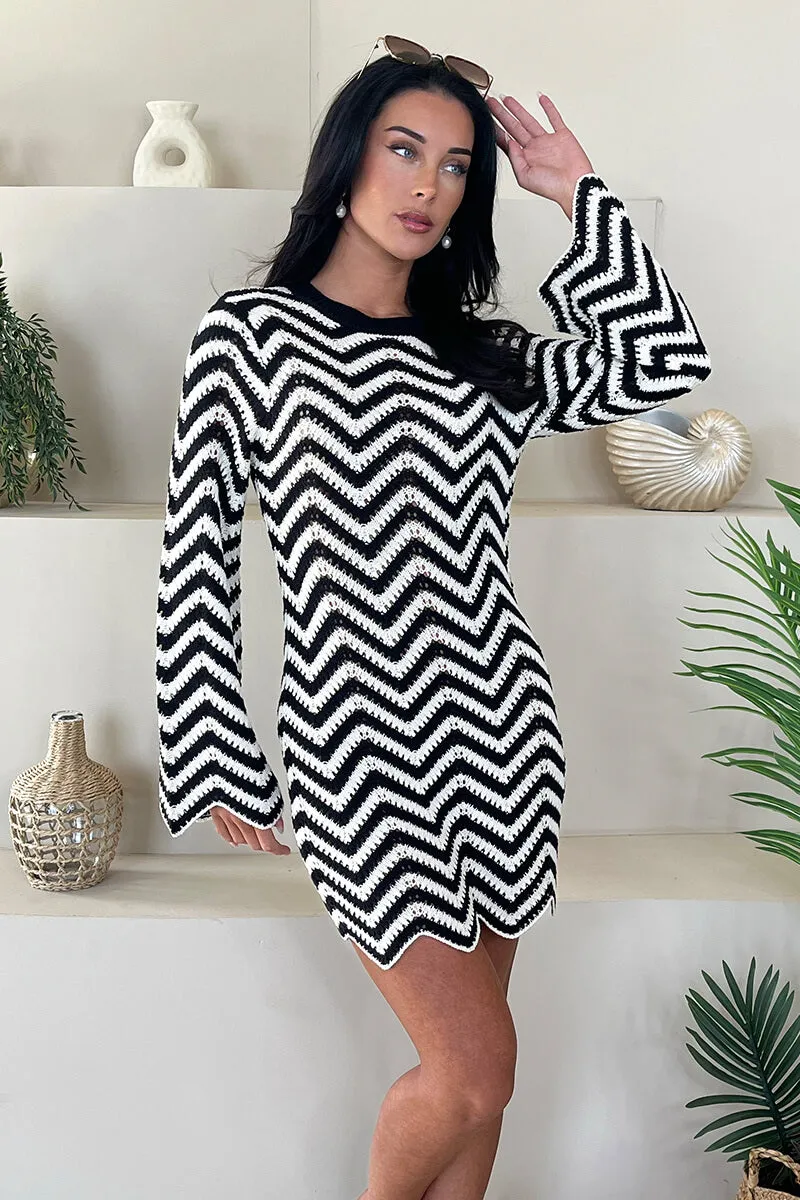 Black And White Zig Zag Long Sleeve Crochet Mini Dress sold by AX Paris