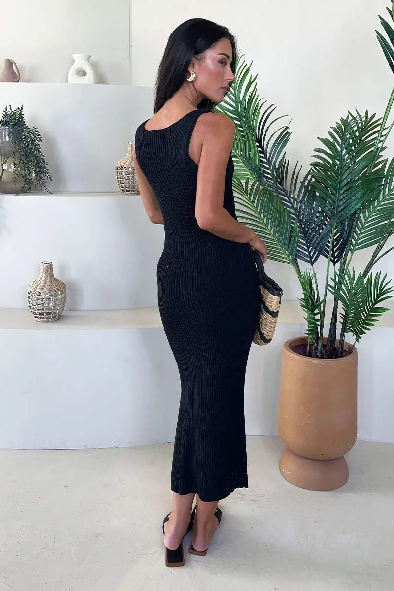 Black Ribbed Knit Round Neck Midi Dress sold by AX Paris product image thumbnail 5