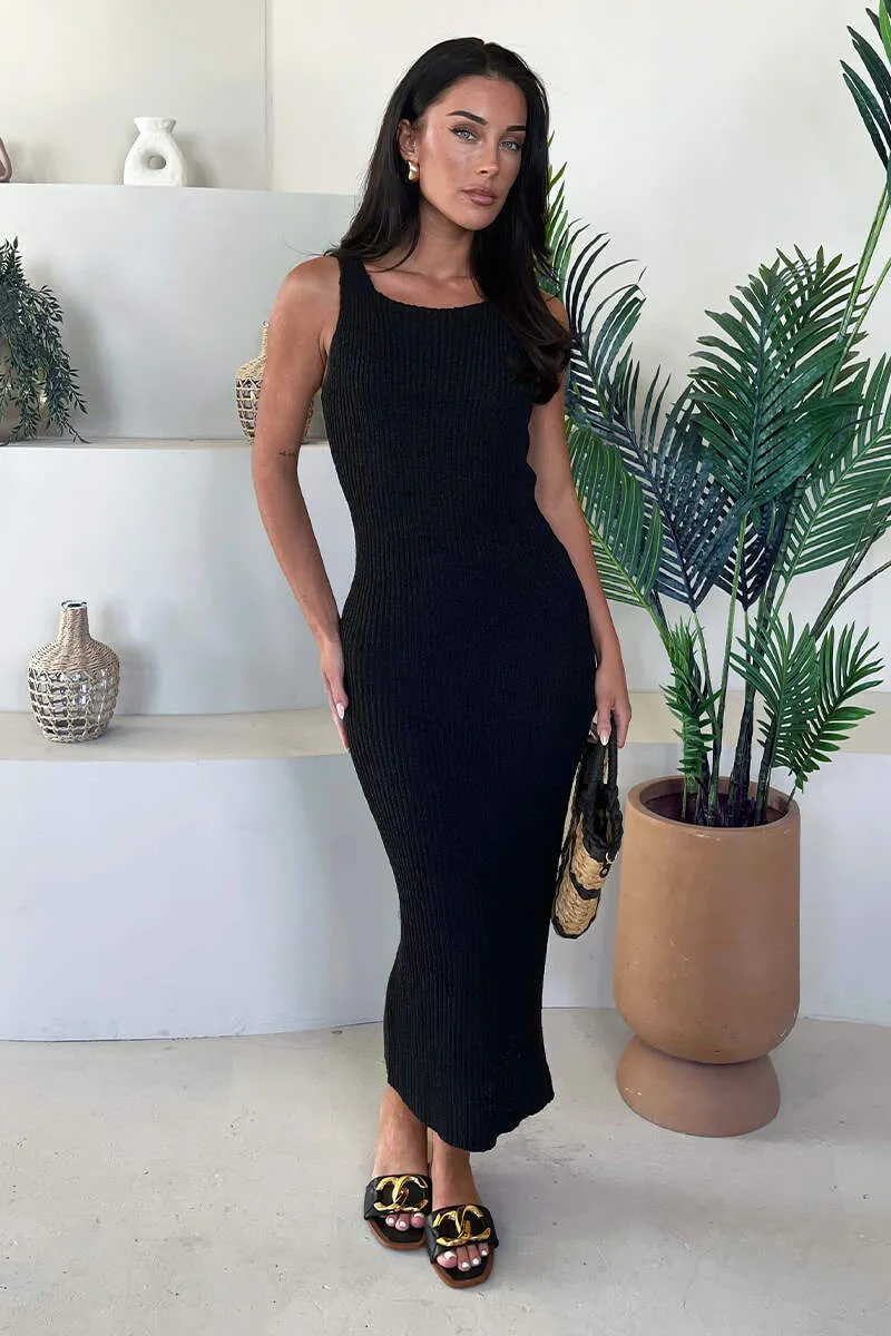 Black Ribbed Knit Round Neck Midi Dress sold by AX Paris product image thumbnail 2