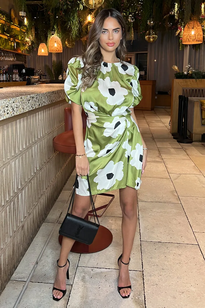 Olive Floral Printed Short Puff Sleeve Gathered Side Mini Dress sold by AX Paris product image thumbnail 3
