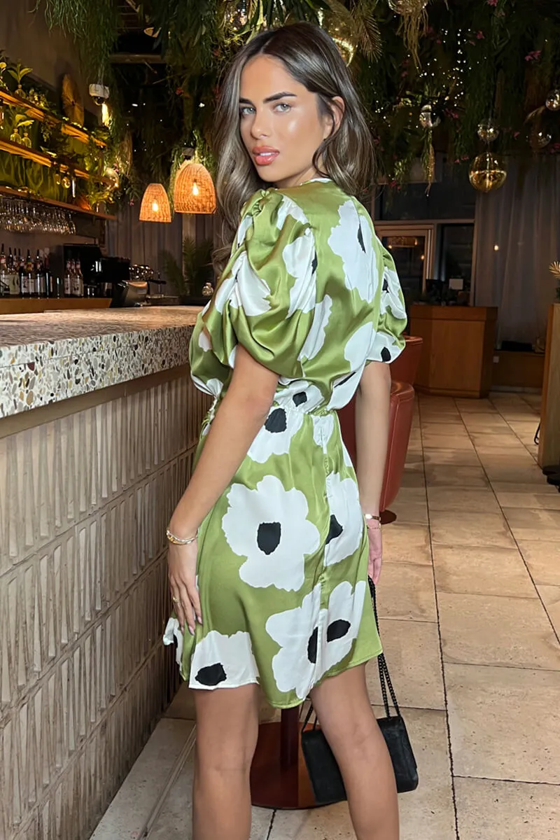 Olive Floral Printed Short Puff Sleeve Gathered Side Mini Dress sold by AX Paris product image thumbnail 4