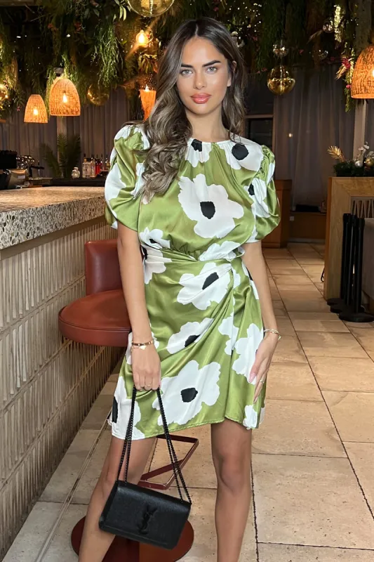Olive Floral Printed Short Puff Sleeve Gathered Side Mini Dress sold by AX Paris