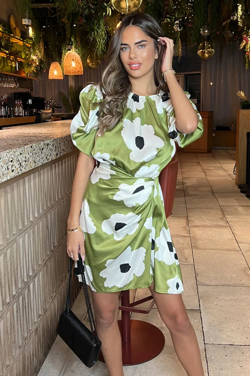 Olive Floral Printed Short Puff Sleeve Gathered Side Mini Dress sold by AX Paris product image thumbnail 2