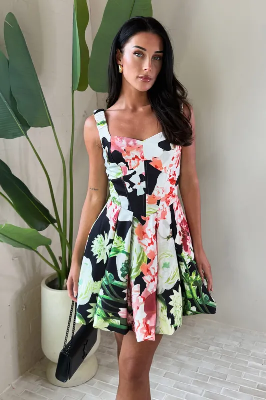Multi Floral Print Sweetheart Neckline Bubble Hem Mini Dress sold by AX Paris
