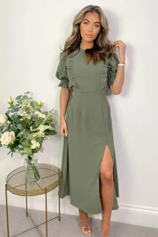 Khaki Ruffle Split Leg Midi Dress sold by AX Paris