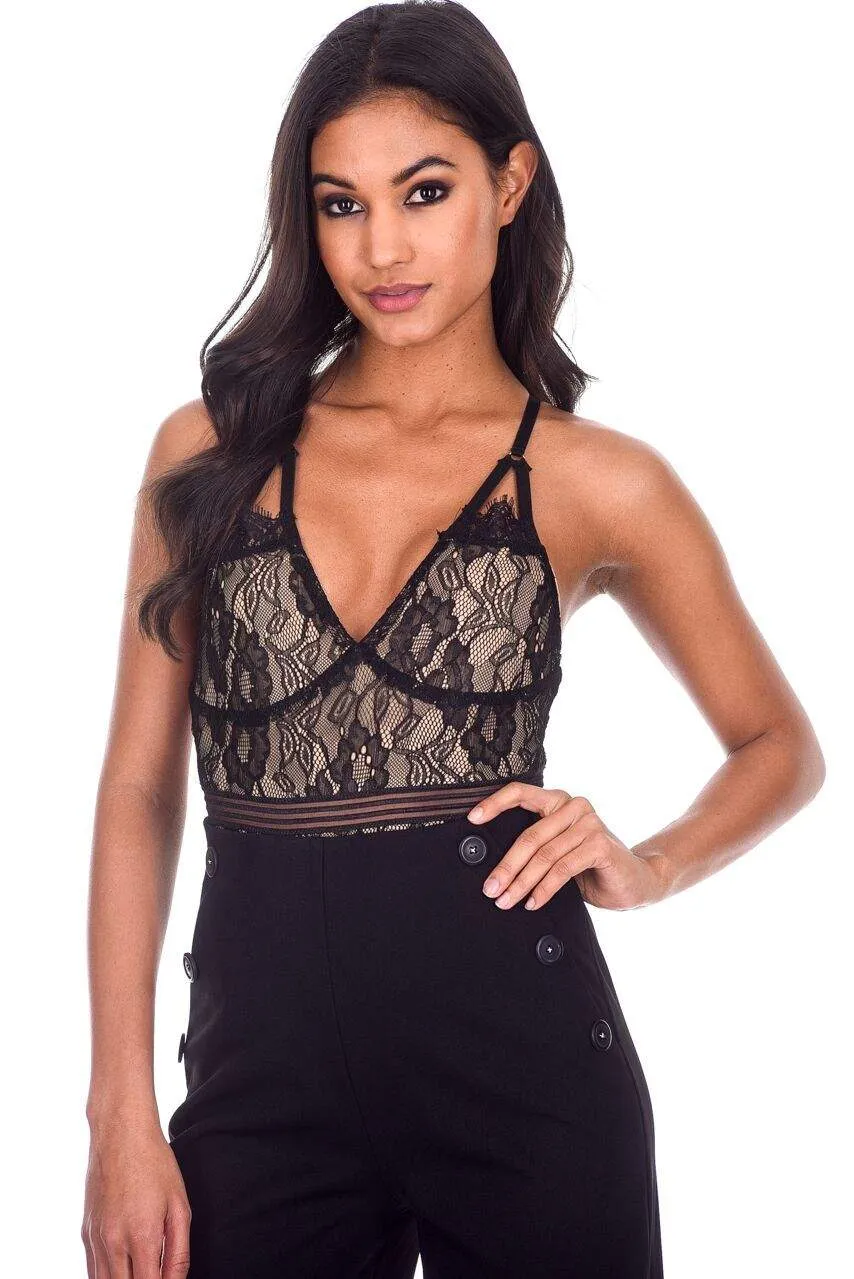 Black Lace and Mesh Bodysuit sold by AX Paris