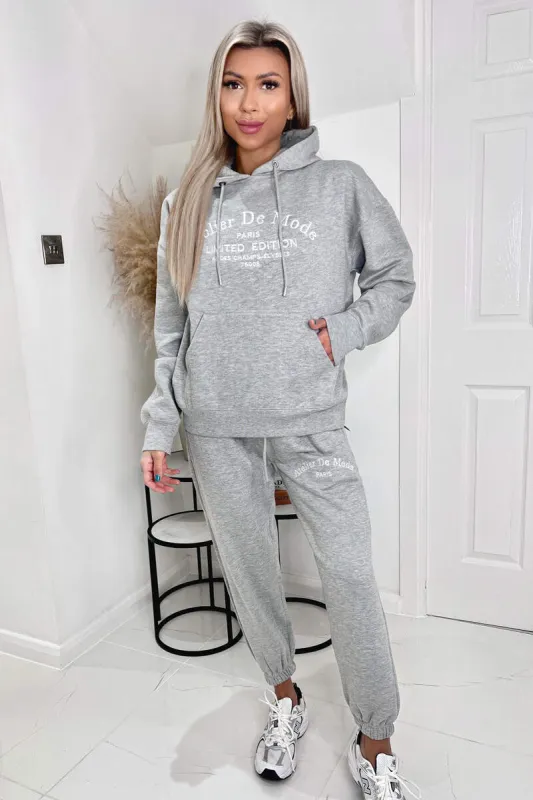 Grey Atelier Embroidered Slogan Hoodie Lounge Set sold by AX Paris