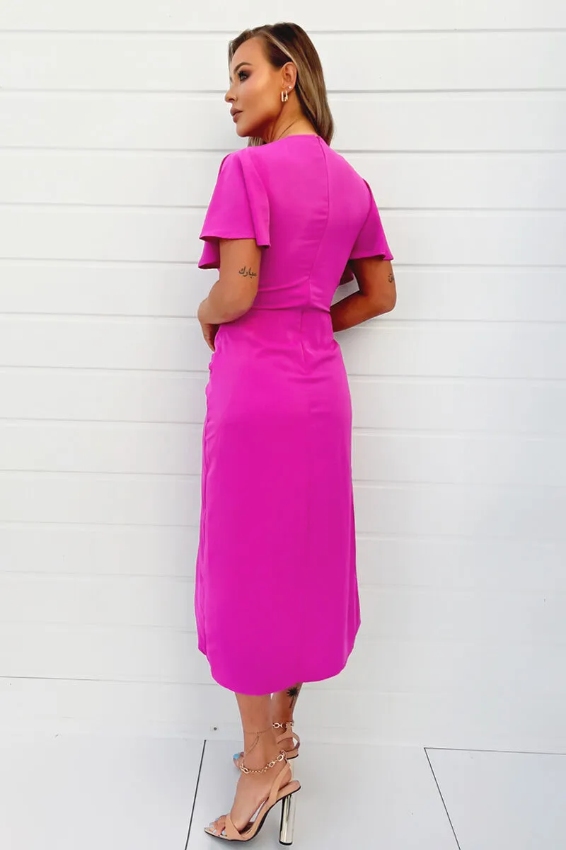 Hot Pink Short Sleeve V-Neck Buckle Wrap Midi Dress sold by AX Paris product image thumbnail 4