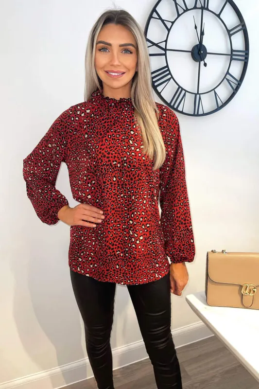 Red Printed Ruffle High Neck Top sold by AX Paris