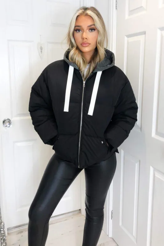 Black Fabric Hood Puffer Jacket sold by AX Paris