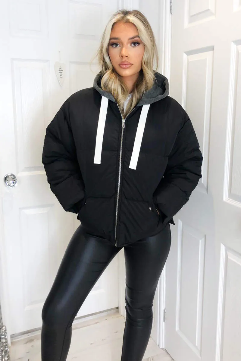 Black Fabric Hood Puffer Jacket sold by AX Paris