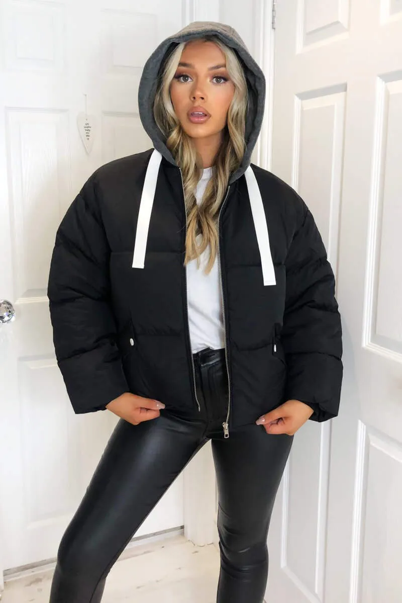 Black Fabric Hood Puffer Jacket sold by AX Paris product image thumbnail 2