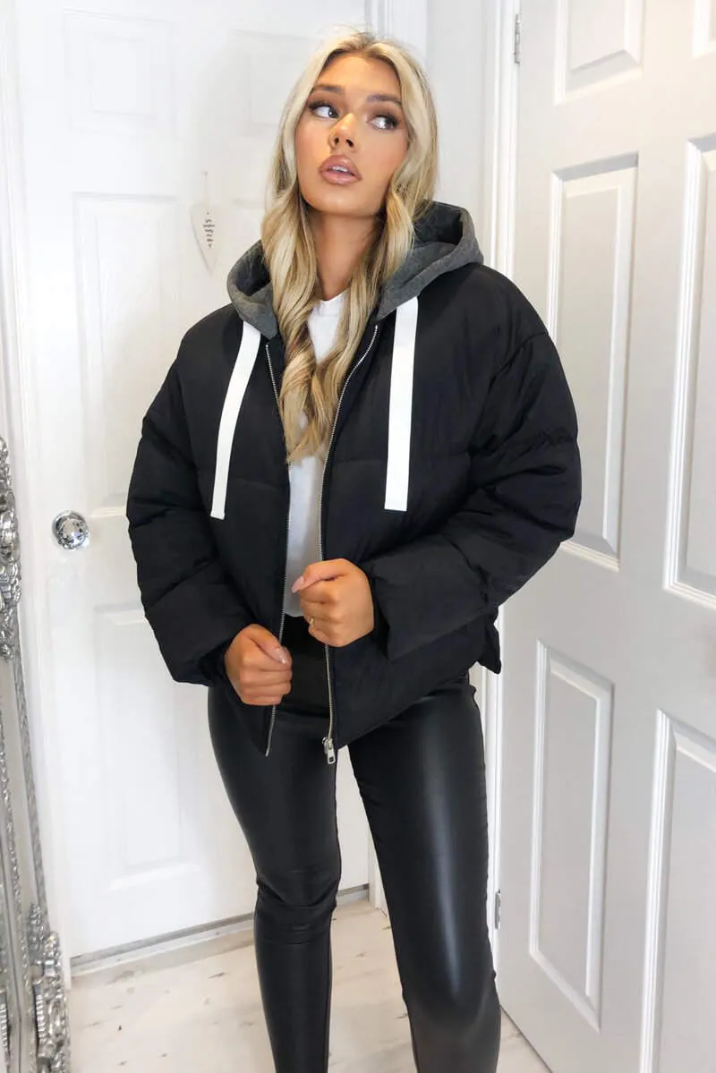 Black Fabric Hood Puffer Jacket sold by AX Paris product image thumbnail 3