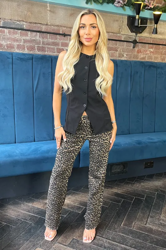 Brown Leopard Print Frayed Hem Straight Leg Jeans sold by AX Paris