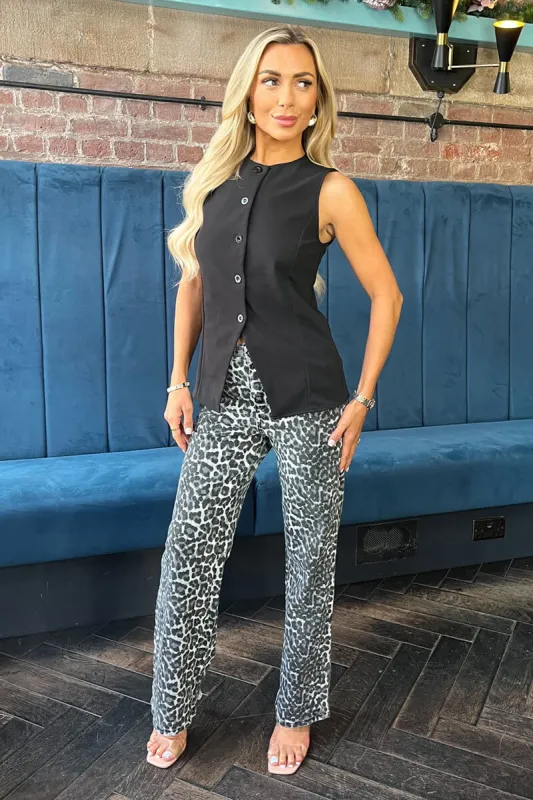 Grey Leopard Print High Waist Wide Leg Jeans sold by AX Paris