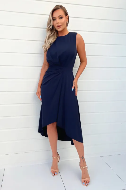 Navy Gathered Midi Dress With Shoulder Pads sold by AX Paris