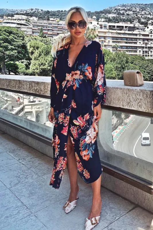 Navy Floral Kimono Sleeve Maxi Dress sold by AX Paris