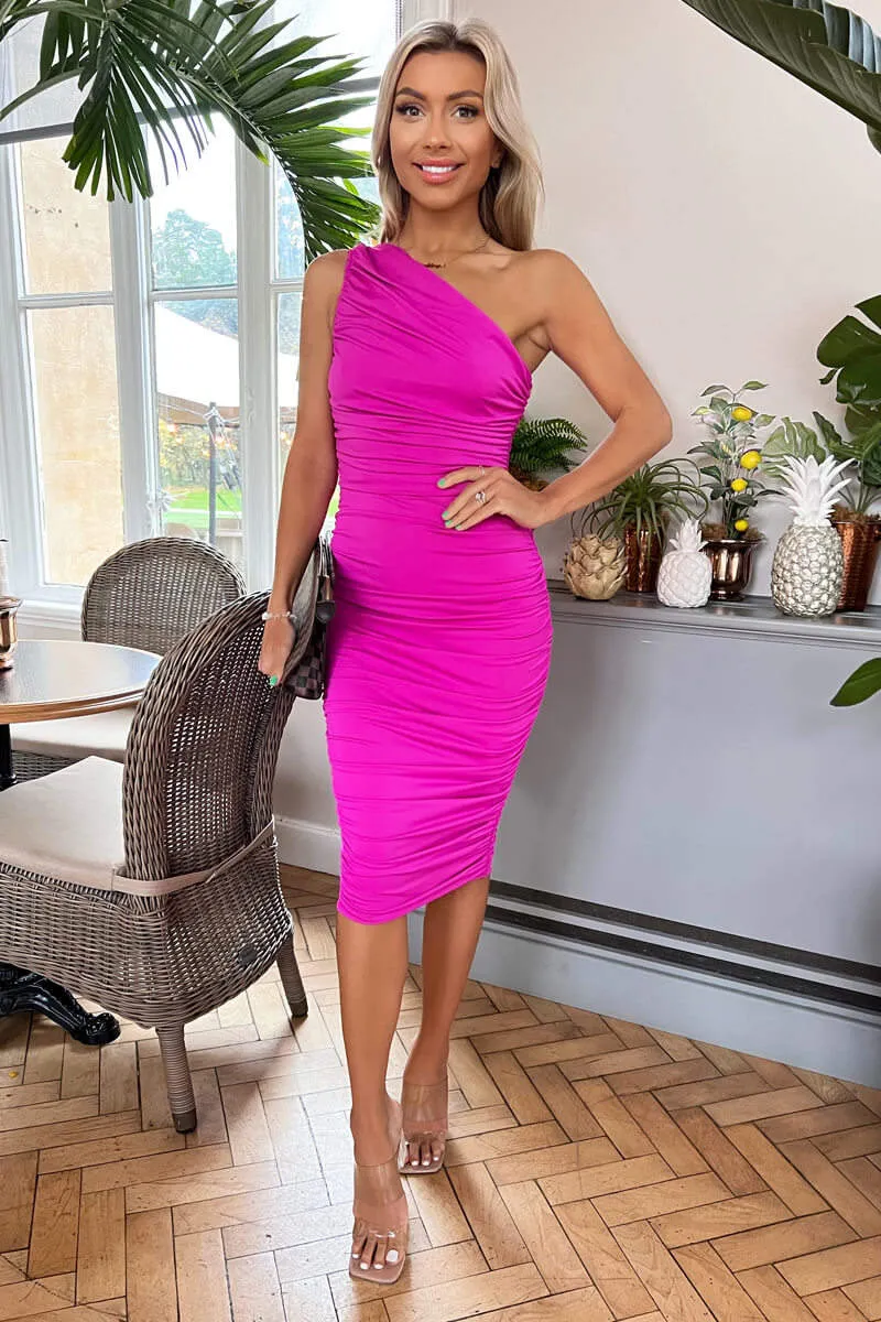 Hot Pink One Shoulder Ruched Midi Dress sold by AX Paris