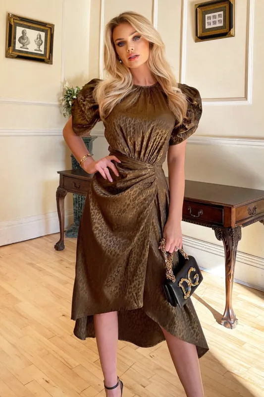 Olive Animal Print Batwing Gathered Top Midi Dress sold by AX Paris