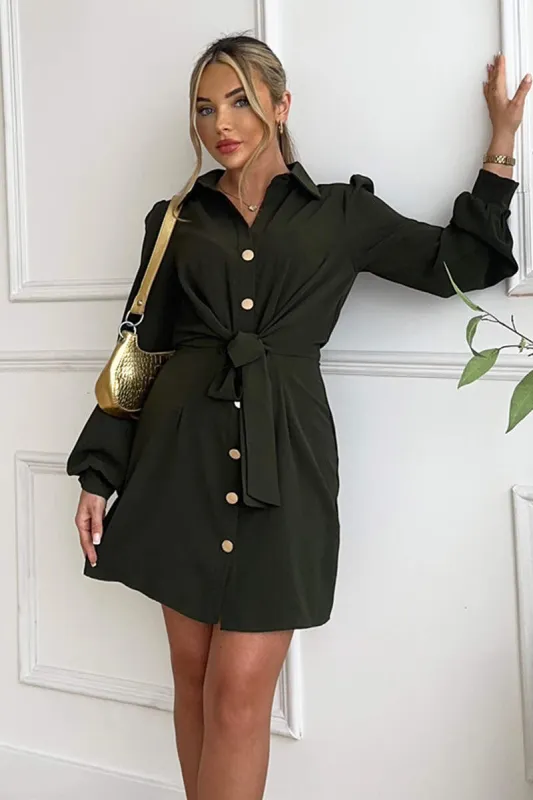 Olive Button Tie Front Mini Shirt Dress sold by AX Paris