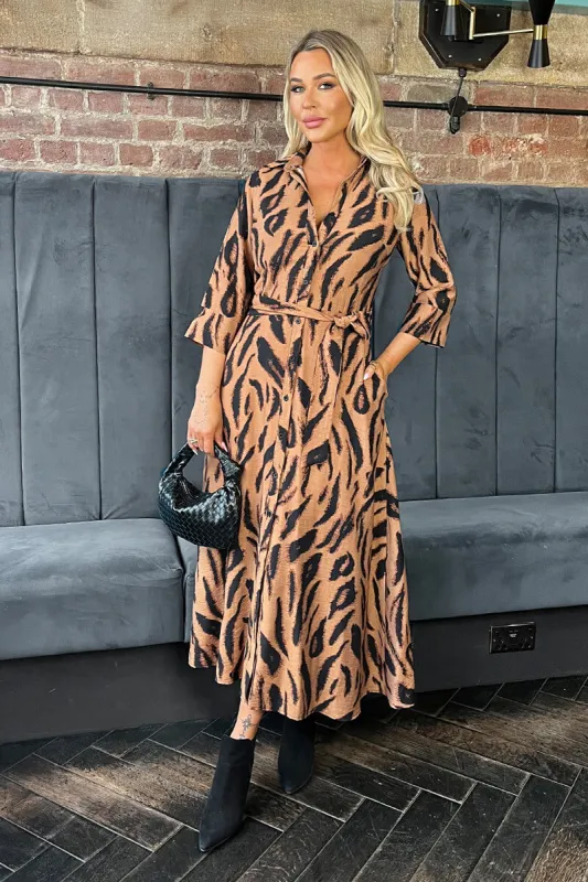 Multi Tiger Print 3/4 Sleeve Shirt Midi Dress sold by AX Paris