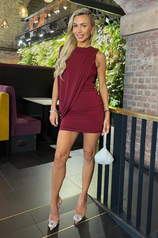 Burgundy Draped Side Mini Dress sold by AX Paris