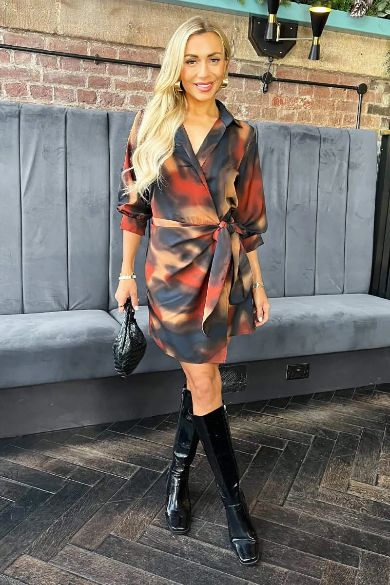 Multi Smudge Print Tie Waist Wrap Shirt Mini Dress sold by AX Paris product image thumbnail 3