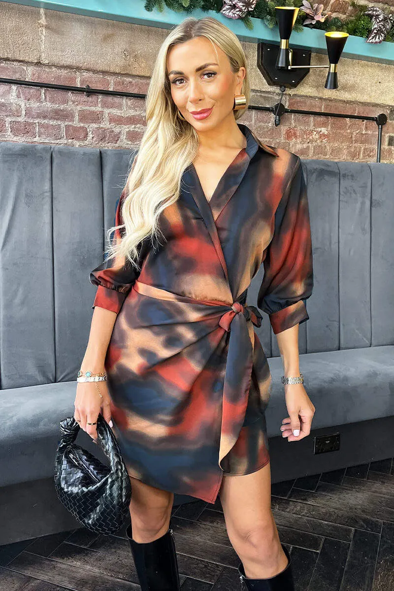 Multi Smudge Print Tie Waist Wrap Shirt Mini Dress sold by AX Paris product image thumbnail 4