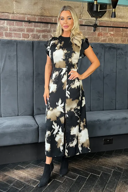 Black Abstract Print Flutter Sleeve Midi Dress sold by AX Paris