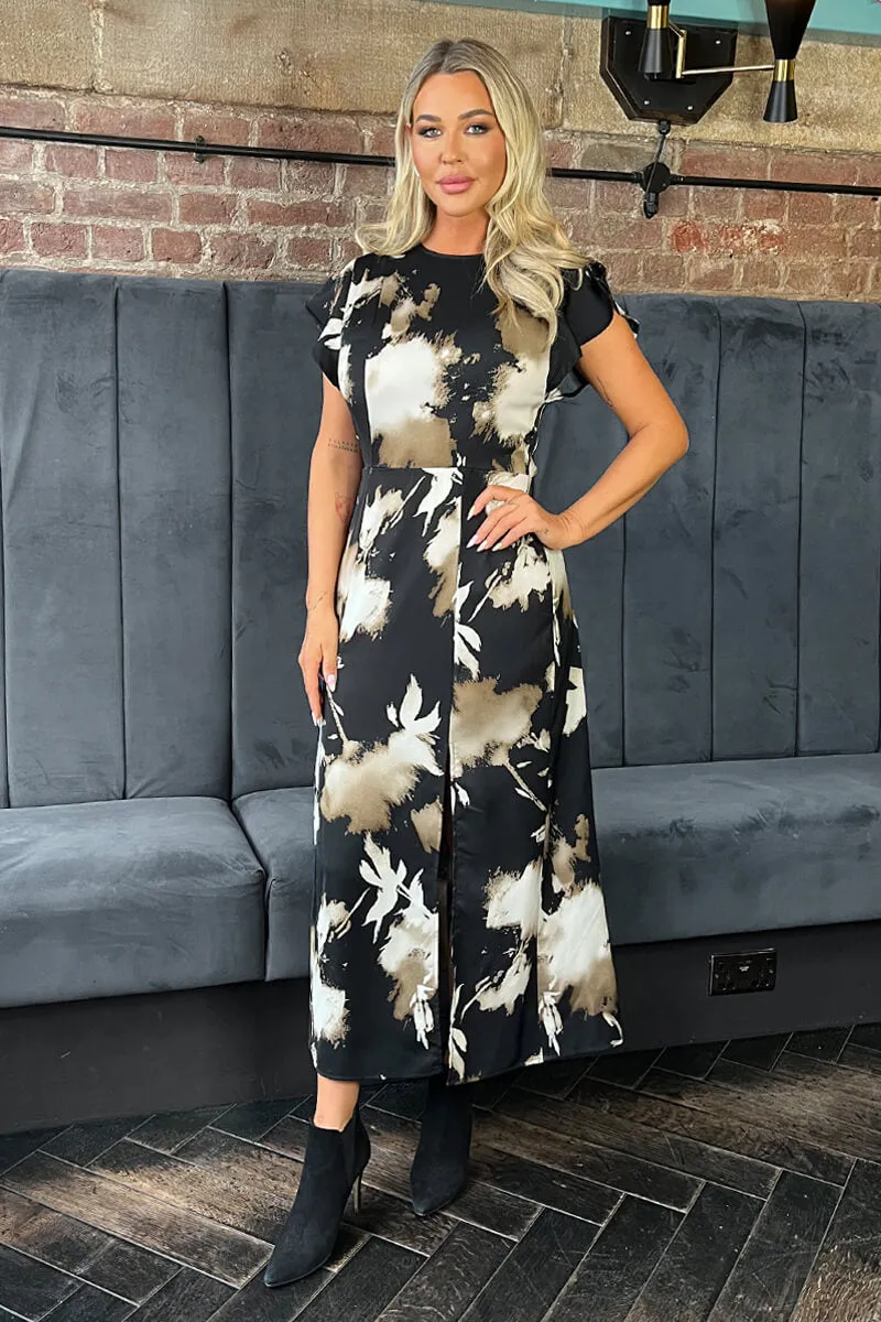 Black Abstract Print Flutter Sleeve Midi Dress sold by AX Paris