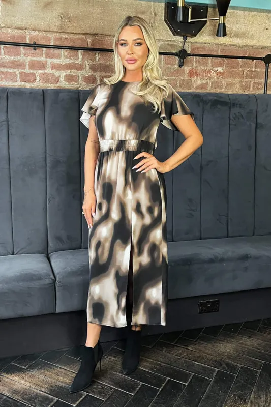 Brown Watercolour Print Flutter Sleeve Midi Dress sold by AX Paris