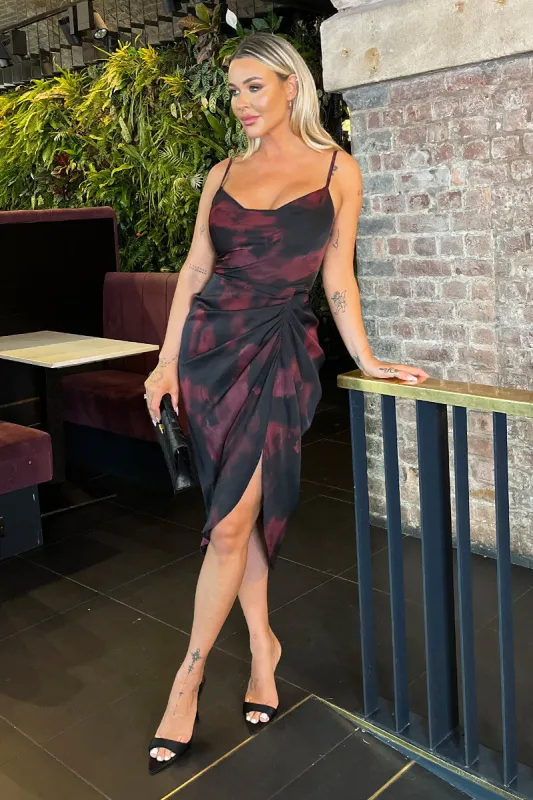 Burgundy And Black Smudge Print Strappy Gathered Skirt Midi Dress sold by AX Paris