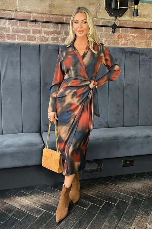 Multi Smudge Print Tie Waist Wrap Shirt Midi Dress sold by AX Paris