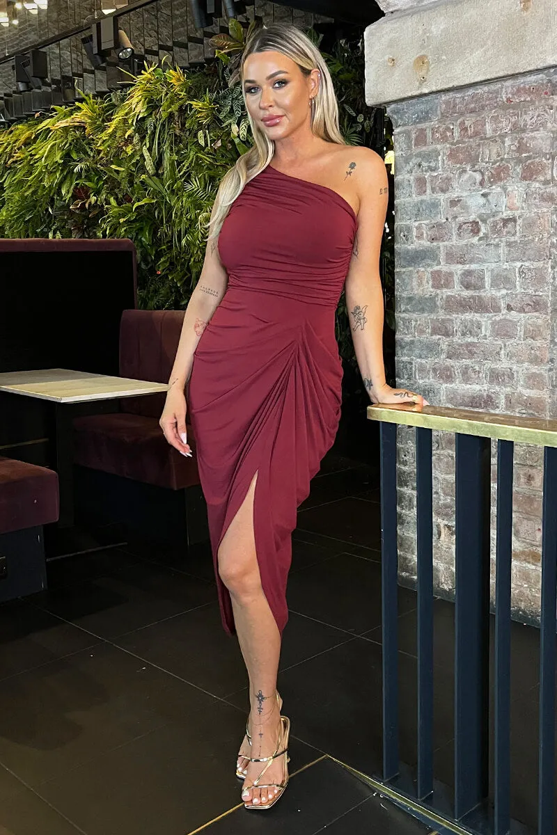 Burgundy One Shoulder Gathered Skirt Midi Dress sold by AX Paris