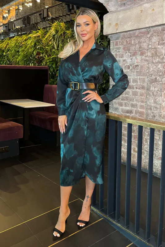 Teal And Black Smudge Print Belted Wrap Midi Shirt Dress sold by AX Paris