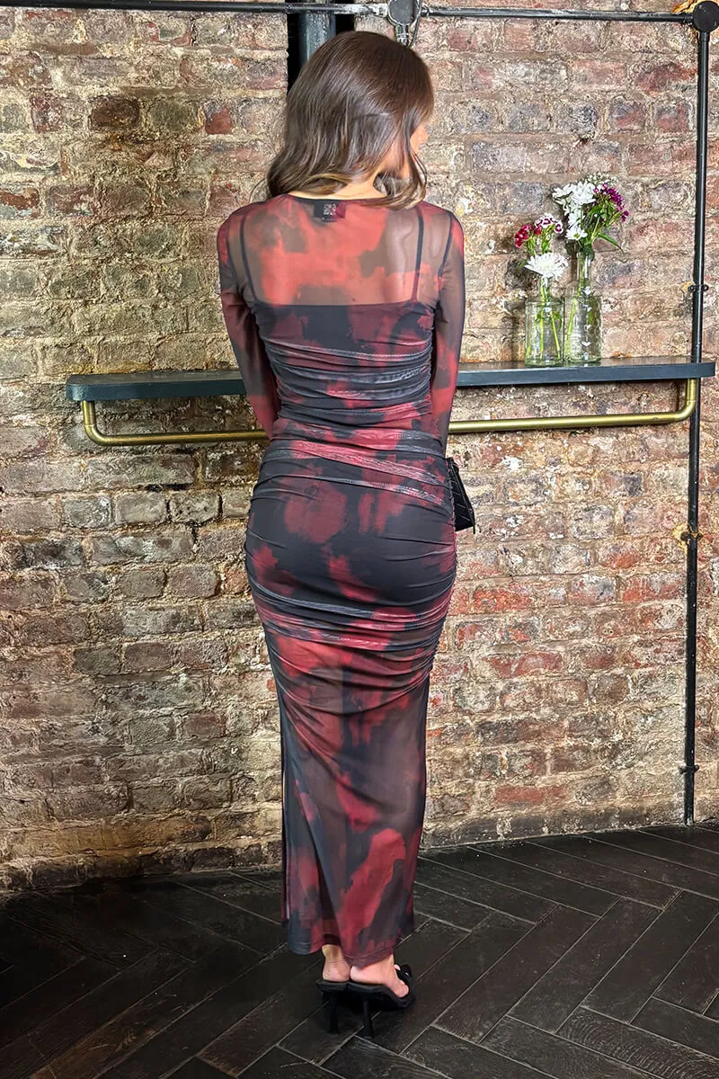 Burgundy And Black Smudge Print Mesh Overlay Long Sleeve Midi Dress sold by AX Paris product image thumbnail 5
