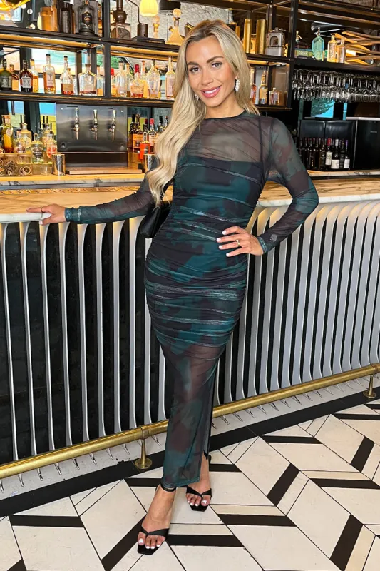 Teal And Black Smudge Print Mesh Overlay Long Sleeve Midi Dress sold by AX Paris