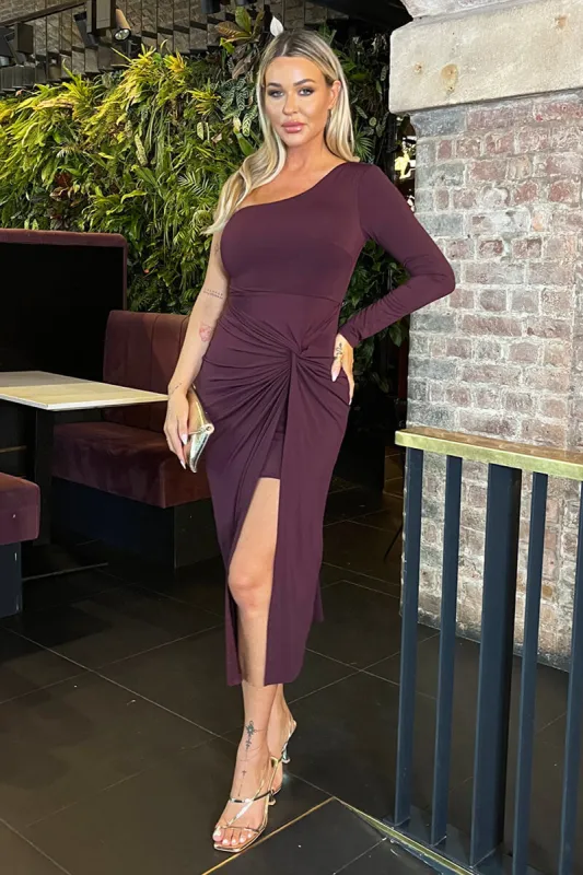 Dark Plum One Sleeve Knot Skirt Midi Dress sold by AX Paris