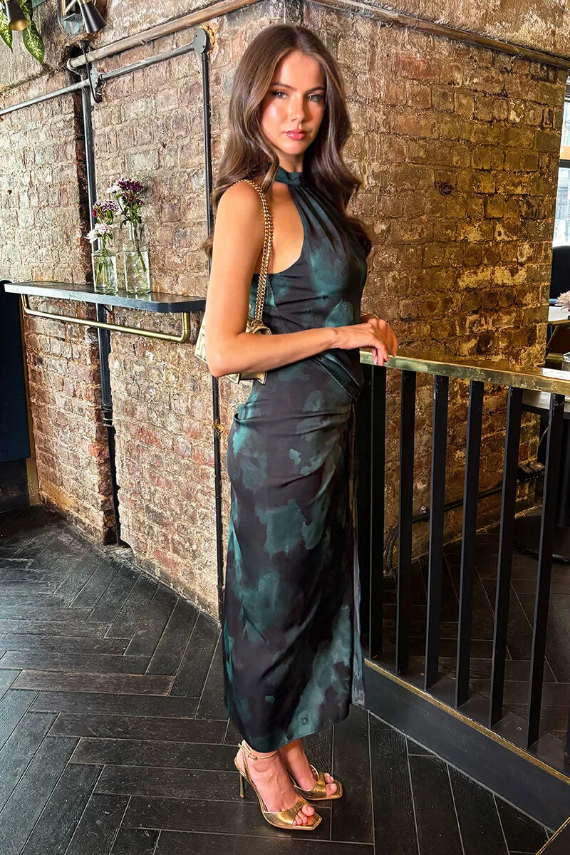 Teal And Black Smudge Print Halter Neck Knot Skirt Midi Dress sold by AX Paris product image thumbnail 4