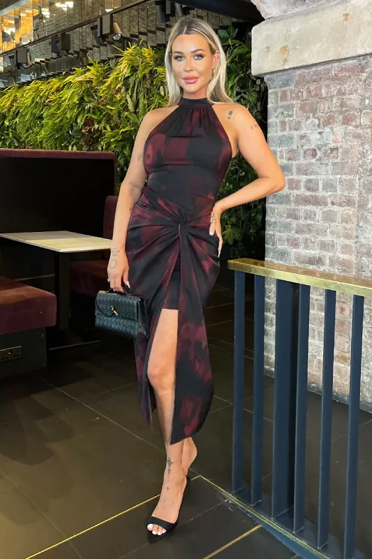 Burgundy And Black Smudge Print Halter Neck Knot Skirt Midi Dress sold by AX Paris