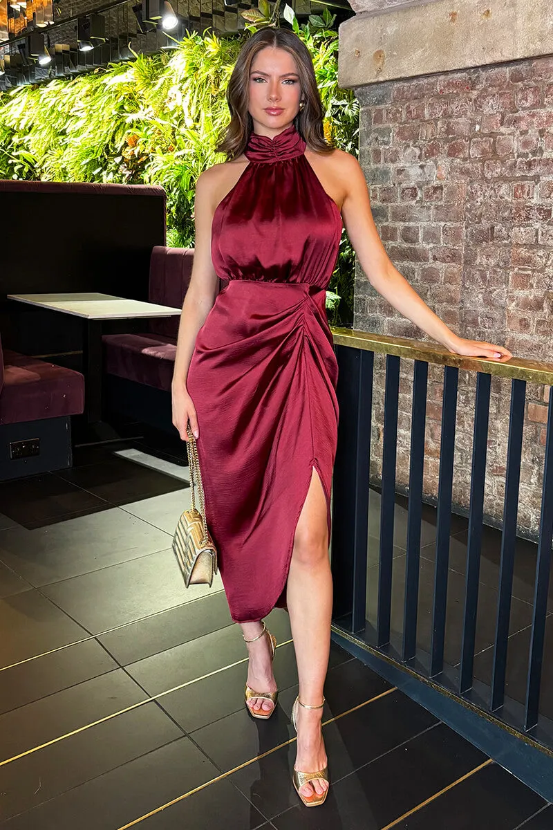 Wine Halter Neck Gathered Skirt Midi Dress sold by AX Paris product image thumbnail 3