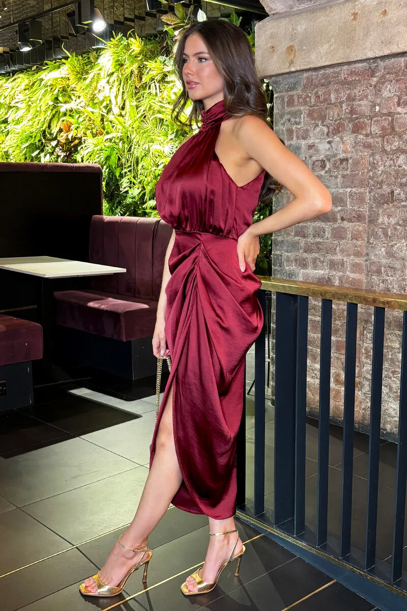 Wine Halter Neck Gathered Skirt Midi Dress sold by AX Paris product image thumbnail 4