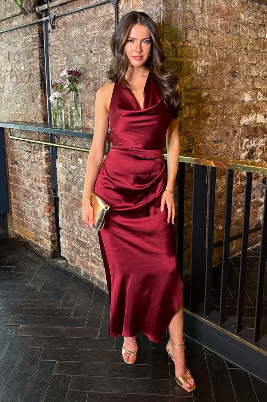Wine Satin Cowl Neck Cross Back Midi Dress sold by AX Paris