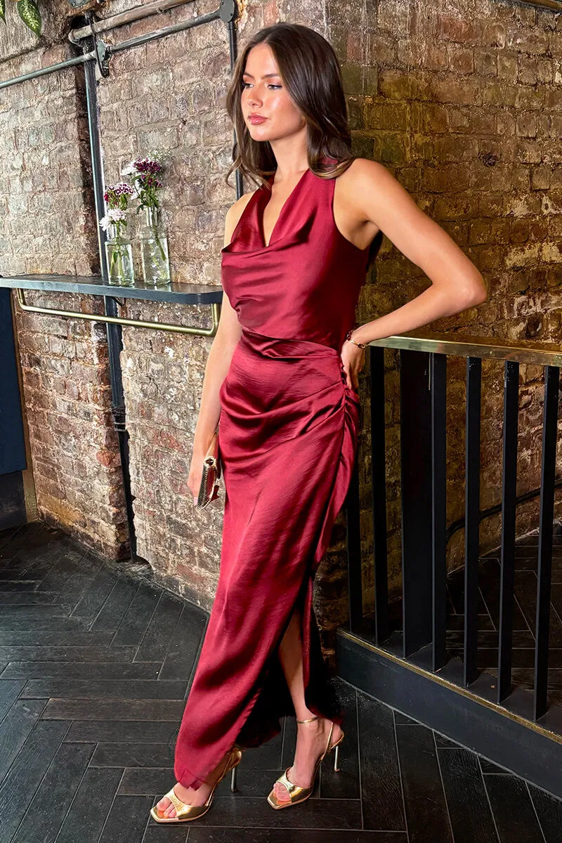 Wine Satin Cowl Neck Cross Back Midi Dress sold by AX Paris product image thumbnail 3