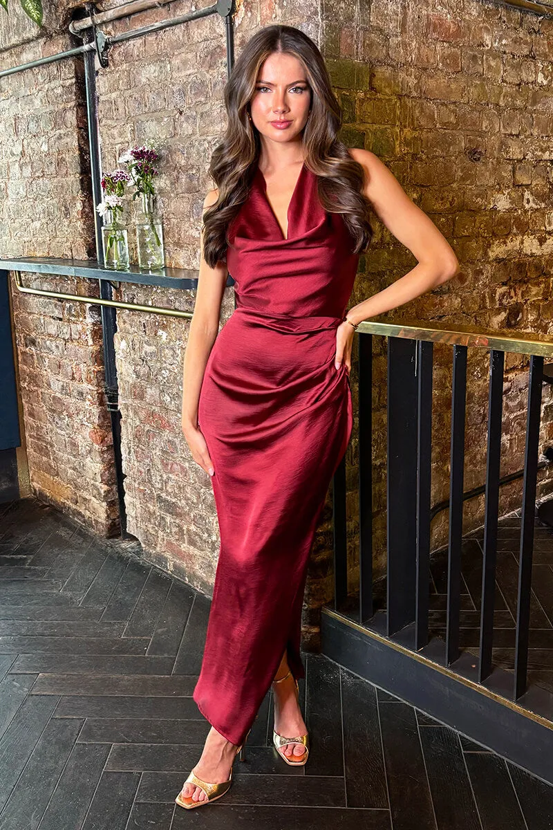 Wine Satin Cowl Neck Cross Back Midi Dress sold by AX Paris product image thumbnail 2