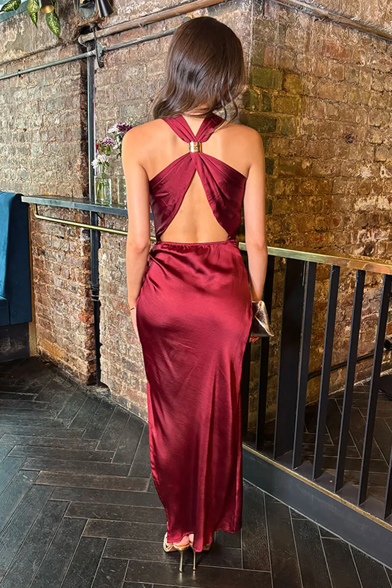 Wine Satin Cowl Neck Cross Back Midi Dress sold by AX Paris product image thumbnail 5