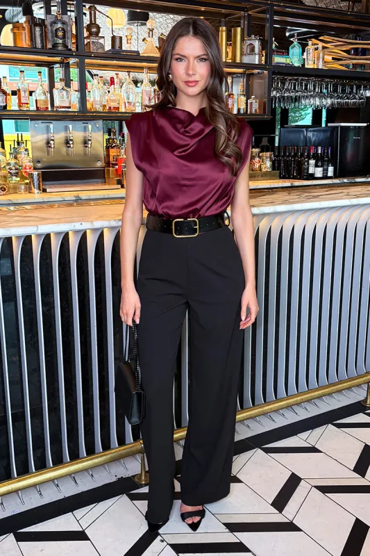Dark Plum 2 in 1 Draped Neck Belted Wide Leg Jumpsuit sold by AX Paris