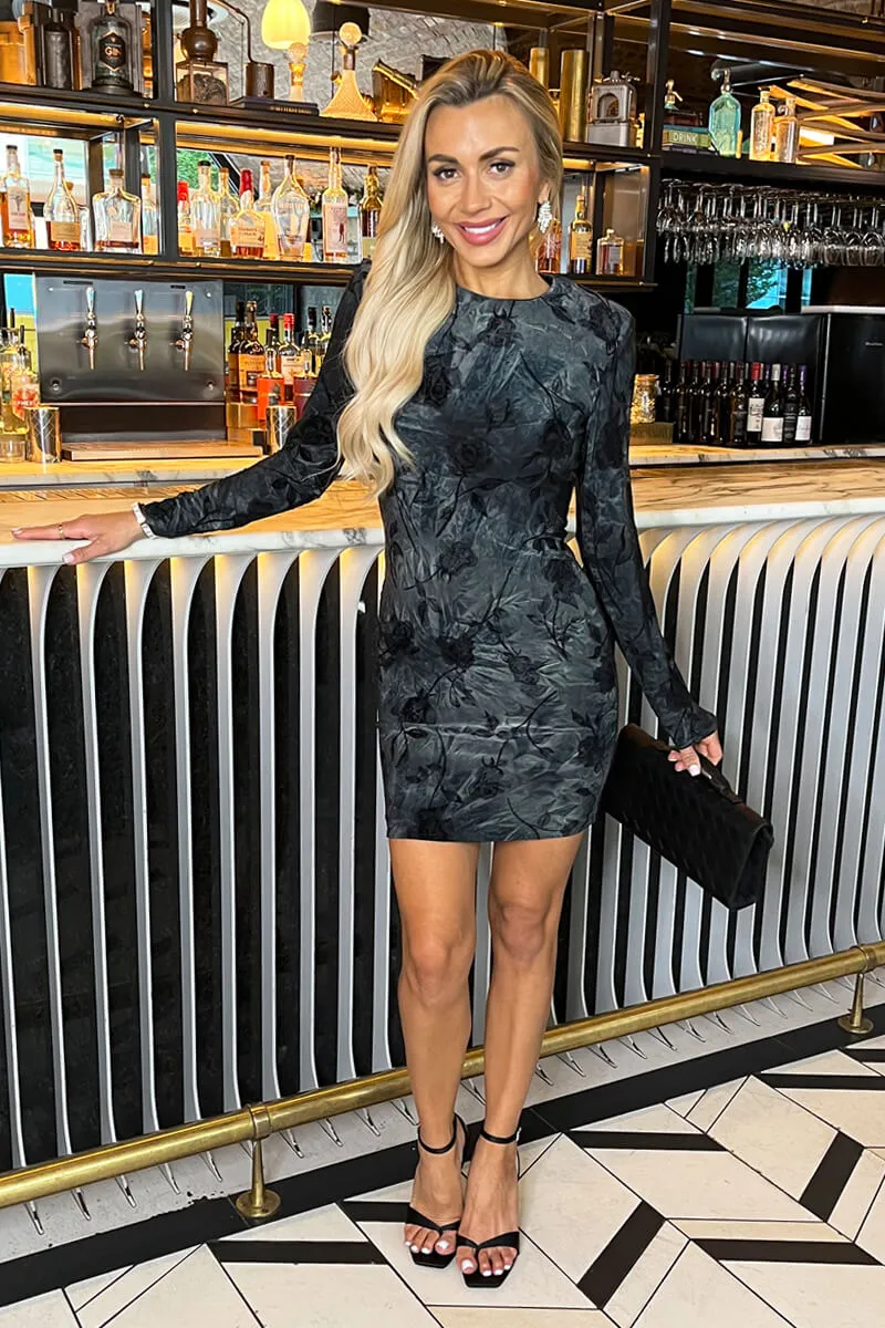 Black And Grey Velour Rose Detail Long Sleeve Mini Dress sold by AX Paris product image thumbnail 3