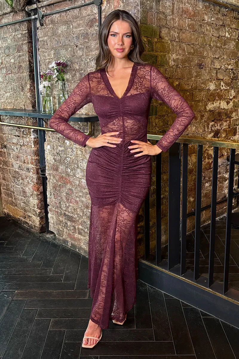 Plum Lace Overlay Ruched Front Bodycon Midi Dress sold by AX Paris product image thumbnail 2